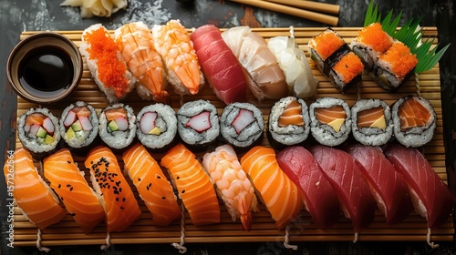 A variety of sushi rolls arranged on a bamboo mat. Includes salmon, tuna, and vegetable rolls, served with soy sauce and wasabi.