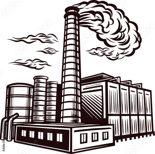 Vintage engraved illustration of an industrial factory with smokestack emitting smoke and cylindrical storage tanks