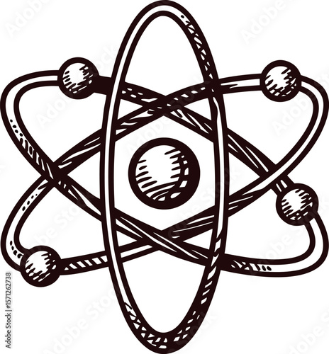 Hand drawn atomic structure symbol with orbiting electrons around nucleus isolated on white background