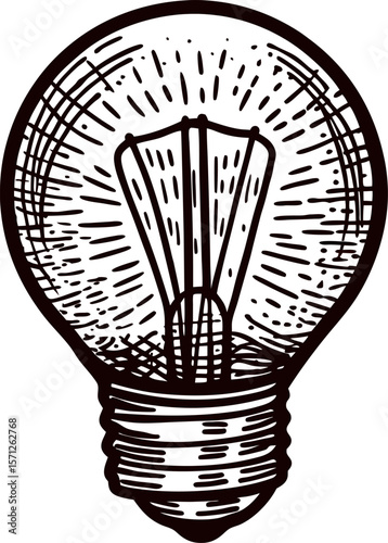 Vintage hand drawn incandescent light bulb illustration with detailed filament and etched lines