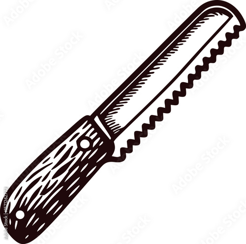 Hand drawn vintage bread knife with wooden handle and serrated blade isolated on white background illustration