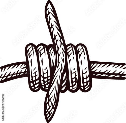 Hand drawn twisted barbed wire closeup isolated black and white engraved rustic illustration detail