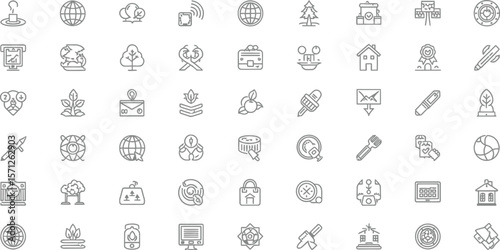 Line art icons representing various concepts and objects in black and white