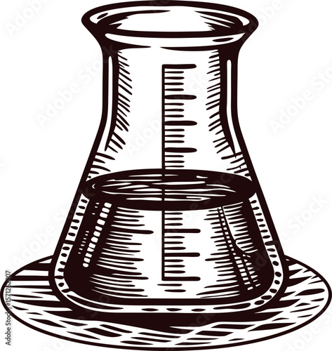 Hand drawn laboratory glass beaker with liquid on white background vintage scientific measuring illustration