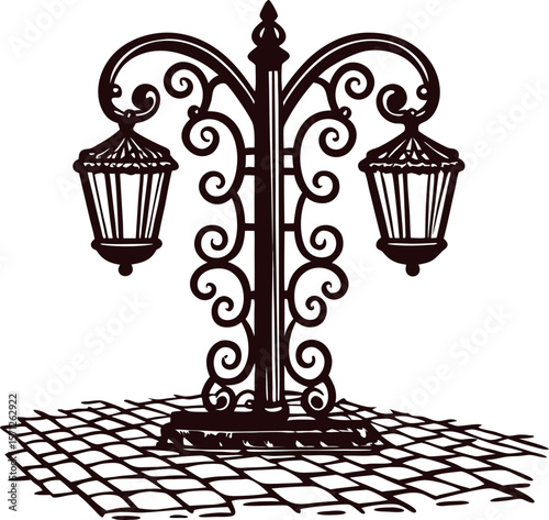 Ornate wrought iron street lamp with dual lanterns on cobblestone ground, vintage decorative illustration