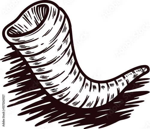 Vintage engraved illustration of a curved animal horn isolated on white background