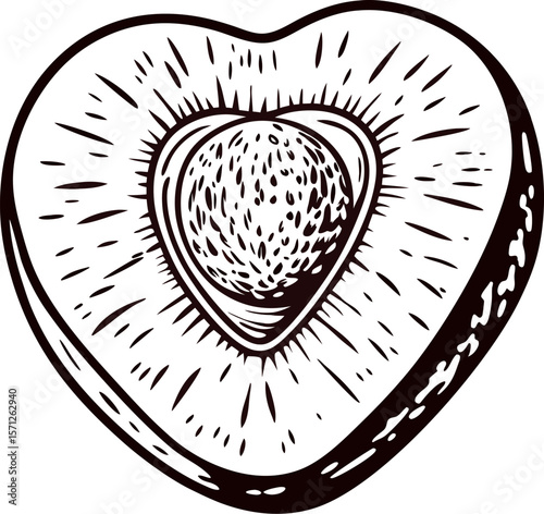 Hand drawn heart shaped avocado with pit vintage engraved botanical sketch illustration on white background