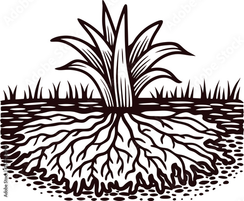 Engraved illustration of grass plant with detailed visible root system above and below soil on white background
