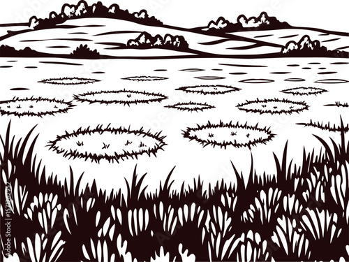 Hand drawn wetland marsh with grass and distant hills, vintage engraving on white background