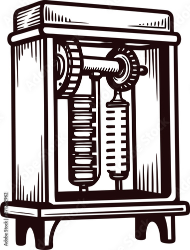 Vintage scientific apparatus with gears and weights inside rectangular wooden frame, hand drawn illustration