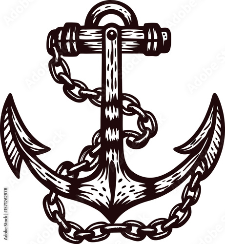 Hand drawn vintage maritime anchor with chain nautical sketch illustration of classic ship anchor symbol