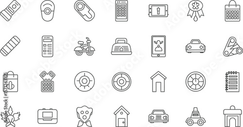 Collection of various gray scale icon illustrations arranged on white background