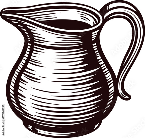 Vintage engraved illustration of a ceramic milk jug with curved handle and decorative detailing