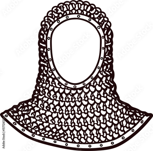 Medieval chainmail hood illustration engraved armor coif in vintage monochrome line drawing
