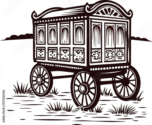 Antique wooden gypsy caravan on grass in vintage hand drawn with decorative windows and large wagon wheels
