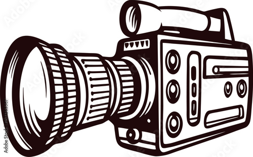 Retro hand drawn video camera illustration vintage engraved camcorder with buttons and detailed lens drawing