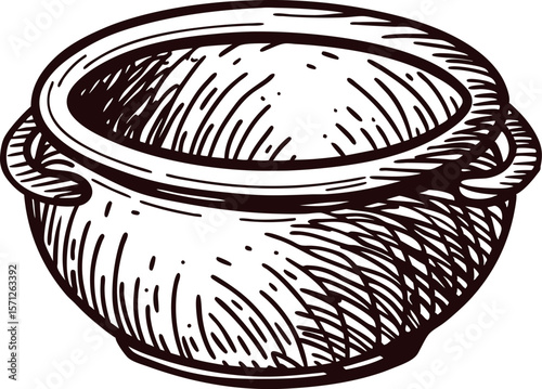 Hand drawn iron cauldron with handles in vintage engraved isolated on white background