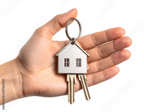 House Keychain with Keys in Open Palm, isolated on white background