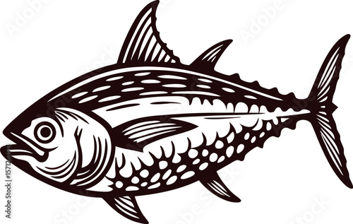 Detailed hand drawn illustration of tuna fish isolated on white background in vintage engraved