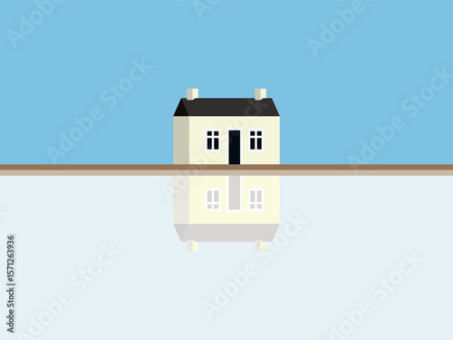 Minimalist House on  Greenfield Illustration with Reflection on River.