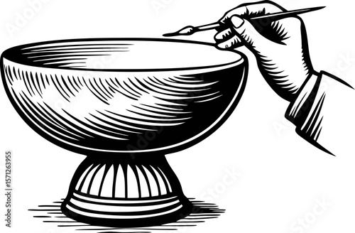 Hand drawn illustration of a bowl with a hand holding a paintbrush, vintage engraving