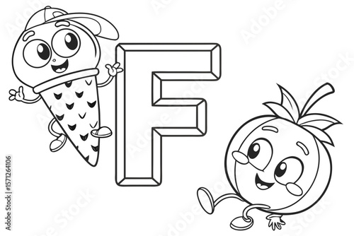 Vector line art of the alphabet F with fun cartoon characters, black and white, designed for coloring page use, easy for preschool kids