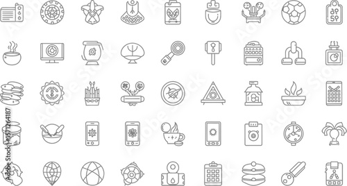 A collection of various outline icons arranged on a white background sheet