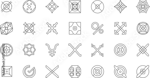 A collection of various geometric line art designs arranged on white background