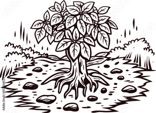 Hand drawn stylized tree with large leaves and roots in natural landscape on white background illustration