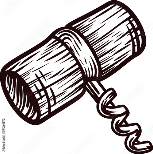 Hand drawn corkscrew with wooden handle vintage engraved isolated illustration of wine tool on white background