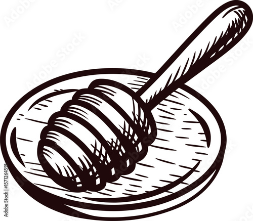 Hand drawn honey dipper in bowl vintage black and white engraving sketch illustration isolated on white