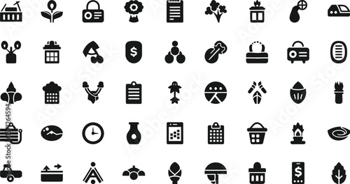 A collection of various black silhouette icons arranged on a white background