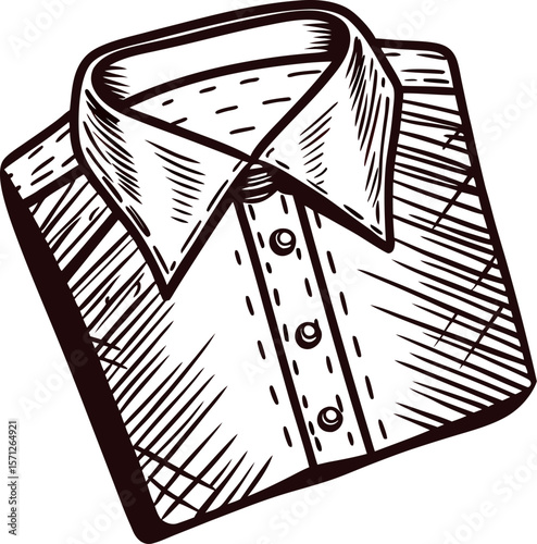 Hand drawn folded dress shirt with collar and buttons isolated on white background vintage sketch