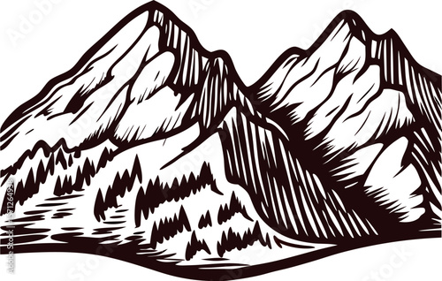 Hand drawn illustration of snow capped mountain range with pine trees in vintage engraved
