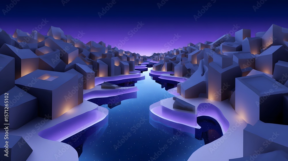 Obraz premium Surreal geometric landscape with a river and reflections