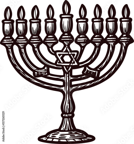 Hand drawn illustration of a traditional nine branched menorah with burning candles and star of david