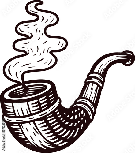 Curved wooden tobacco pipe with swirling smoke drawn in vintage engraving on white background