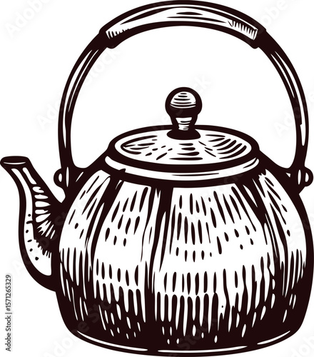 Vintage hand drawn metal teapot with handle and lid isolated on white background retro engraved sketch