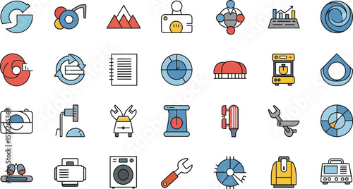 Collection of assorted colorful icons displayed on a white background surface