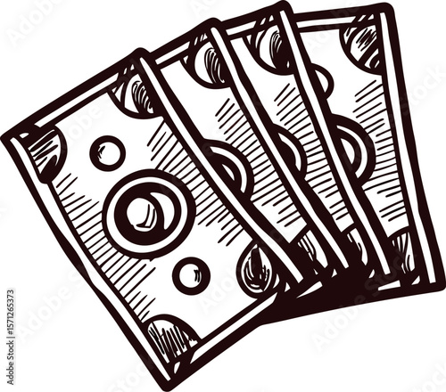 Hand drawn stack of paper money bills illustration in sketch vintage isolated on white