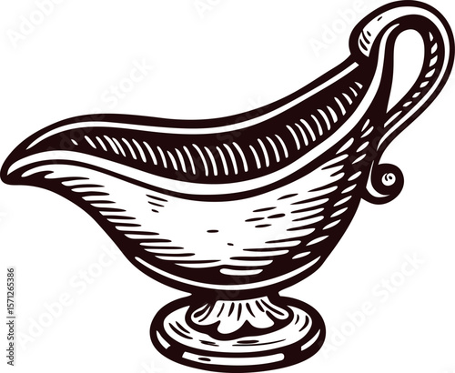 Hand drawn vintage gravy boat illustration in engraved on white background