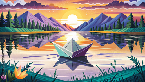 Sunrise scene, mirror lake reflection, origami boats floating, abstract peaceful artwork, calm water, paper art, minimalist nature, morning light, dreamy landscape, tranquil creative concept