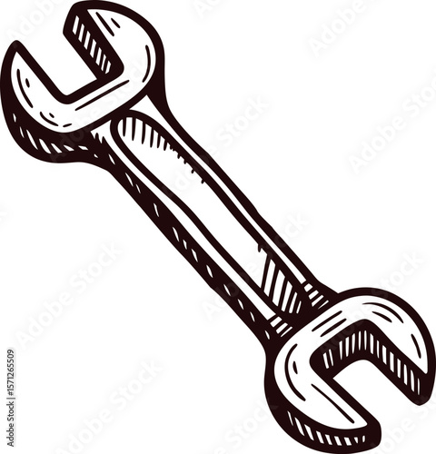 Vintage hand drawn illustration of an open ended wrench isolated on white background, classic engraved tool