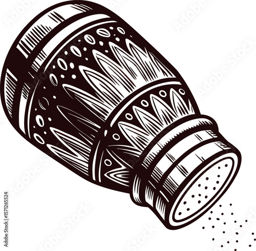 Hand drawn vintage salt shaker with ornate detailing and scattered grains isolated on white background