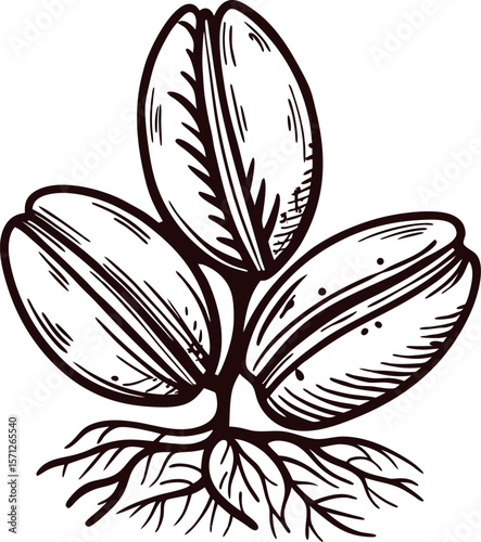Vintage hand drawn pecan nuts with roots isolated on white background, engraved botanical illustration
