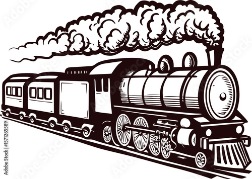 Vintage steam locomotive with smoke and carriages, hand drawn retro black and white illustration