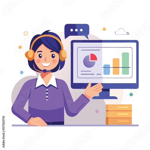 Friendly customer service representative presenting data analytics on computer screen