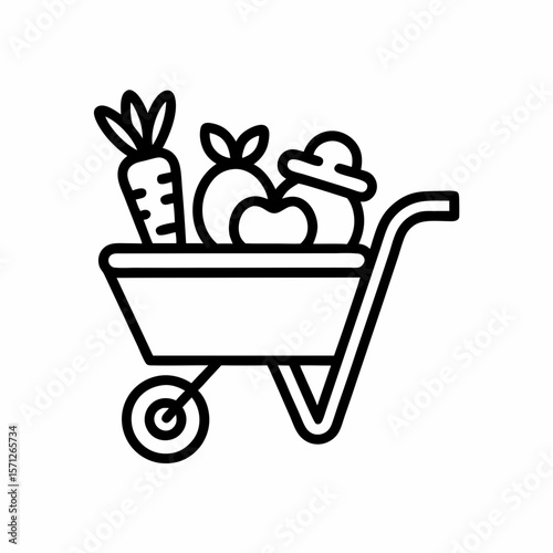 Garden produce in a wheelbarrow, black and white line art style, for websites and blogs