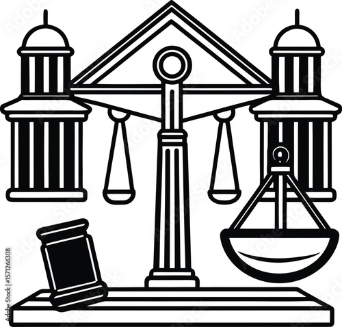 Black and white vector illustration of a column, an icon of justice and law, symbolizing balance and legal design, resolution, verdict, tradition, honor