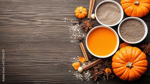 Fototapeta Naklejka Na Ścianę i Meble -  Top-down Food Images And Cooking Concept. Autumn Ingredients for Pumpkin Spice Recipe with Spices and Pumpkins on Wooden Background
